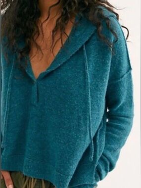 Free People Alpaca Wool Blend Boho Button Front Cozy Teal Hooded Sweater Small